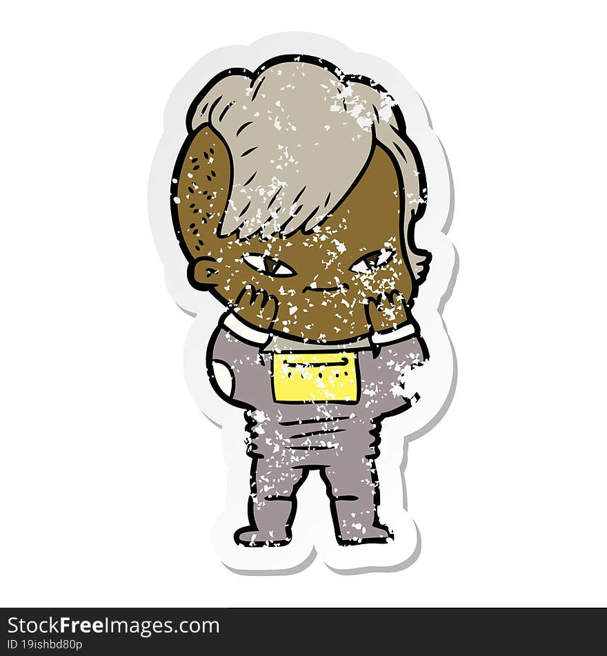 distressed sticker of a cute cartoon girl with hipster haircut