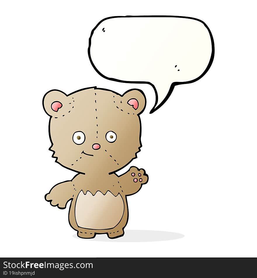 cartoon little teddy bear waving with speech bubble