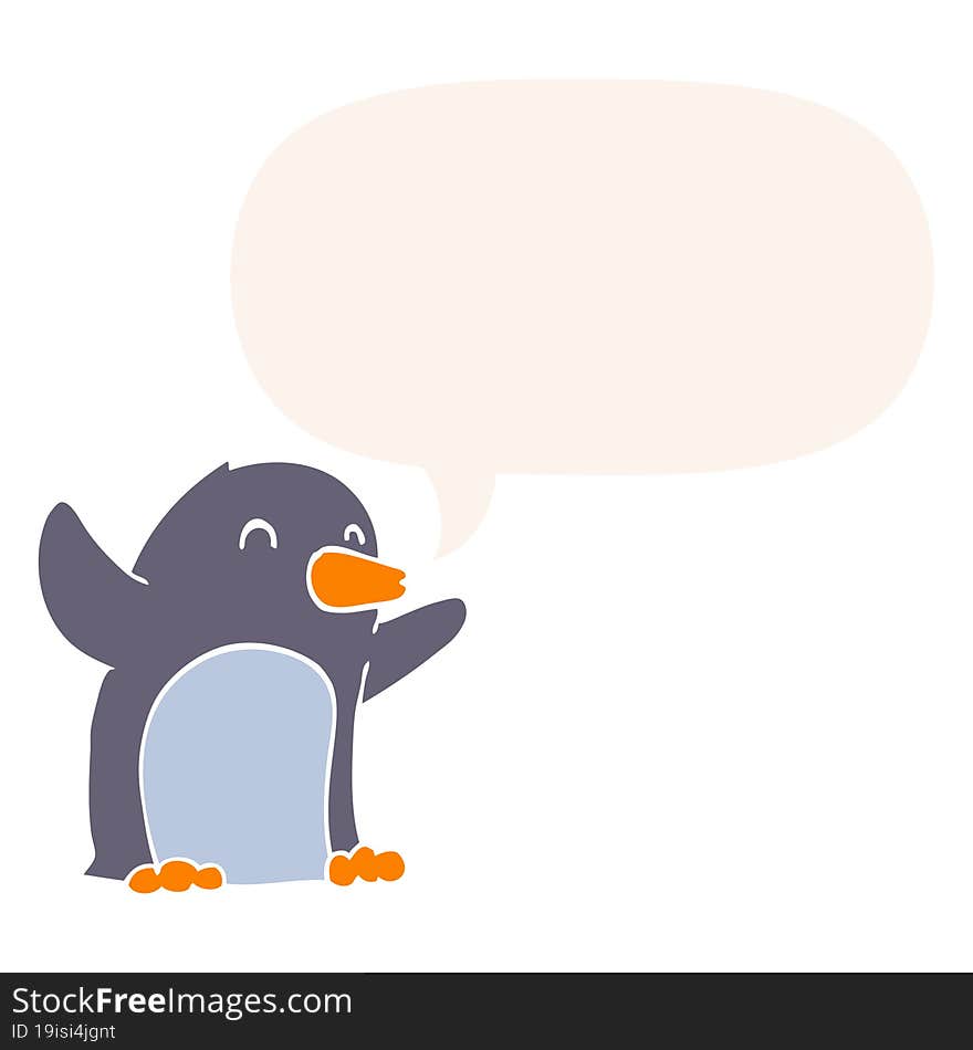 cartoon excited penguin and speech bubble in retro style