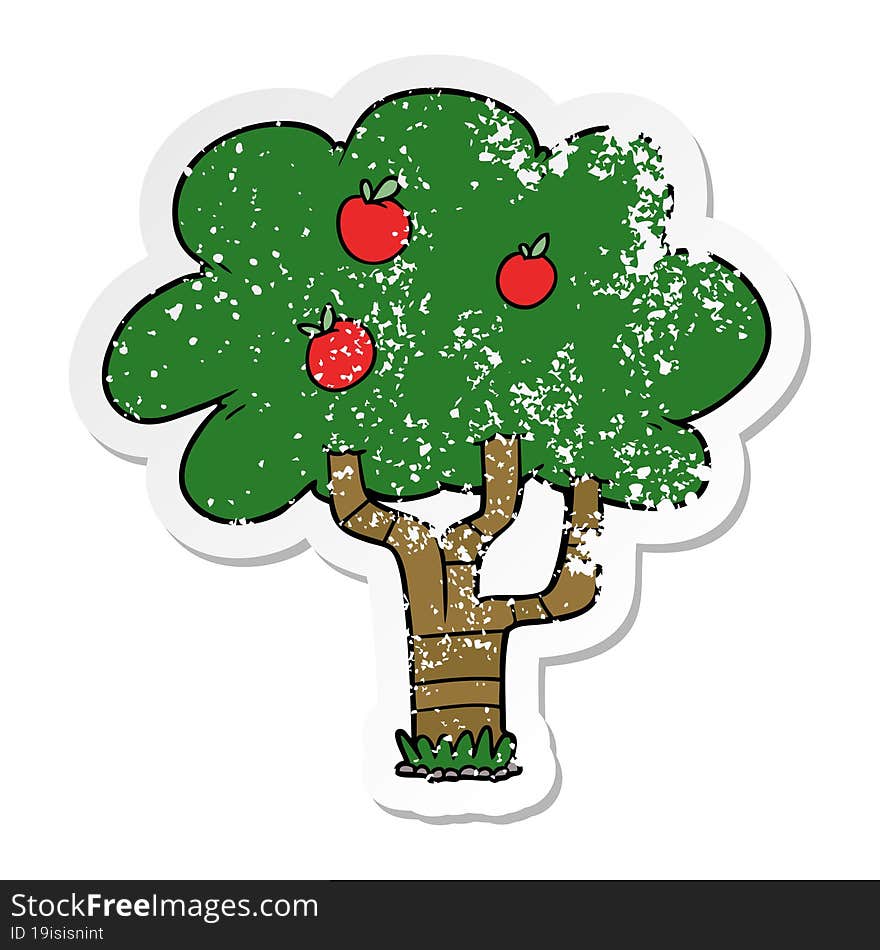 distressed sticker of a cartoon apple tree