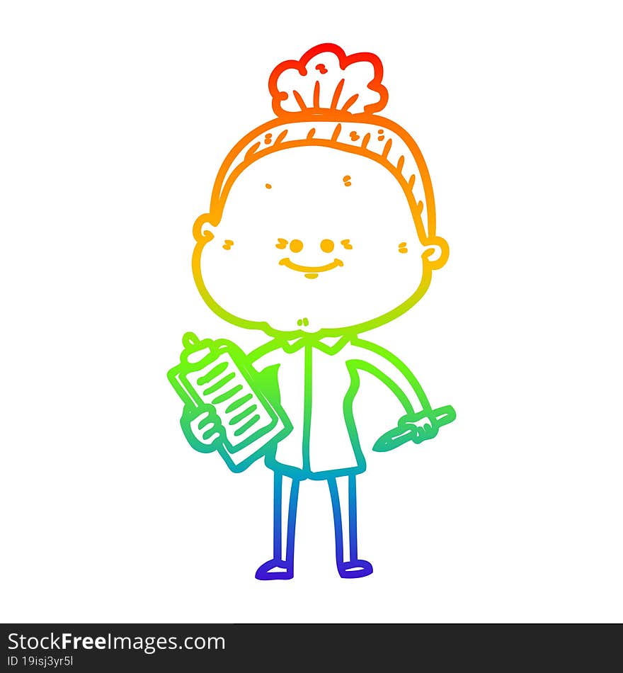 rainbow gradient line drawing of a cartoon happy old woman