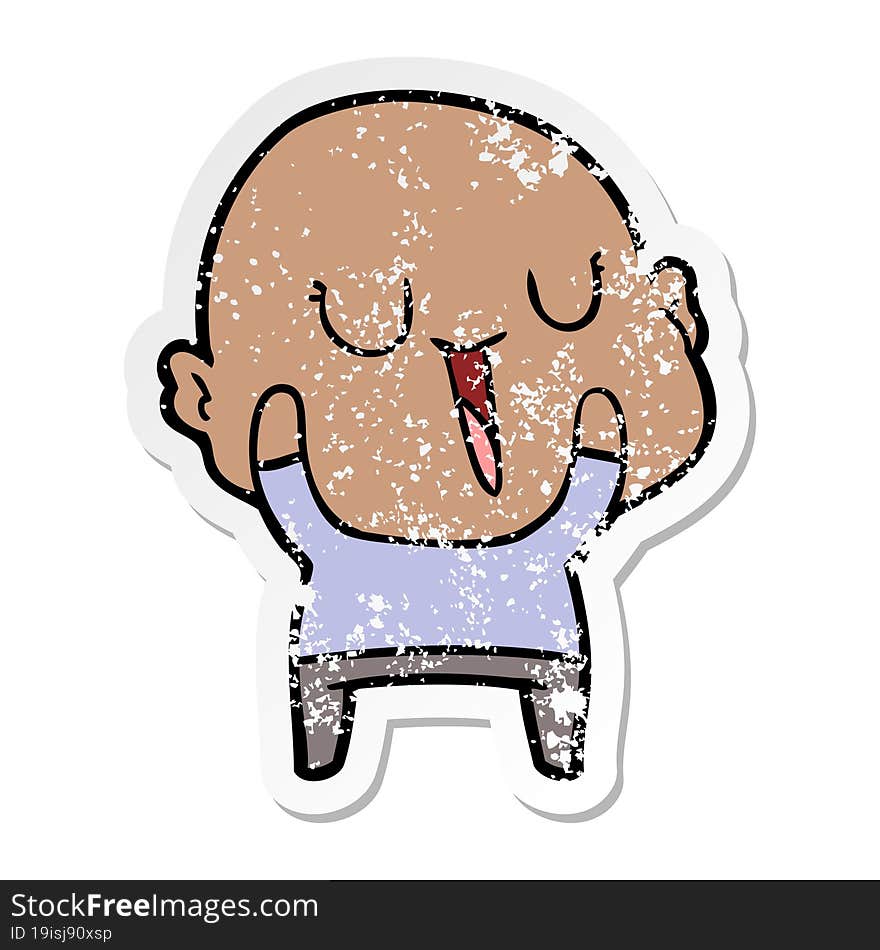 distressed sticker of a happy cartoon bald man