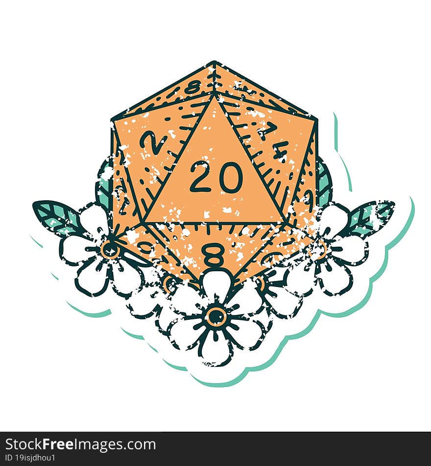 iconic distressed sticker tattoo style image of a d20. iconic distressed sticker tattoo style image of a d20