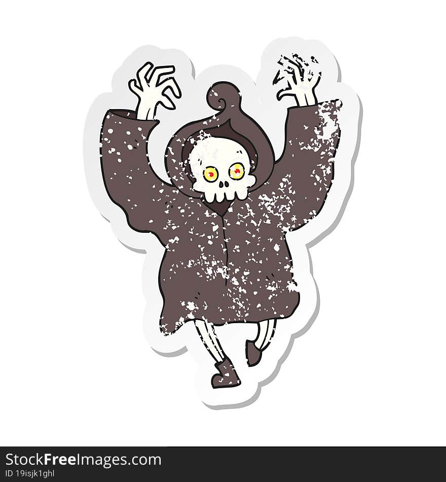 retro distressed sticker of a cartoon dancing death skeleton