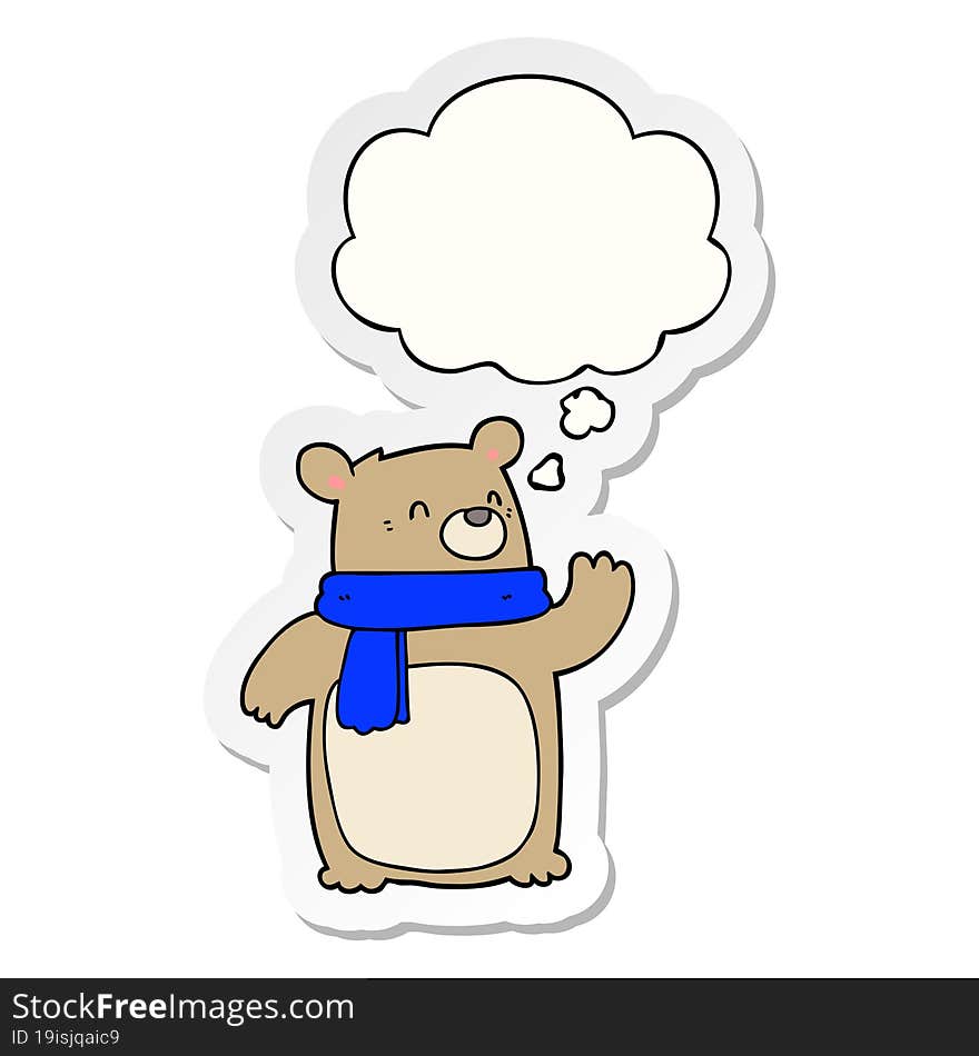 cartoon bear wearing scarf and thought bubble as a printed sticker