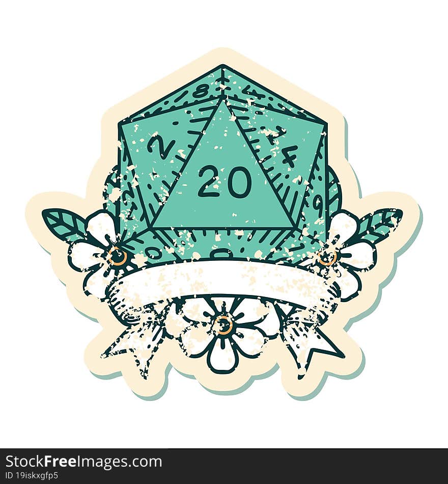 Retro Tattoo Style natural 20 critical hit D20 dice roll. Retro Tattoo Style natural 20 critical hit D20 dice roll