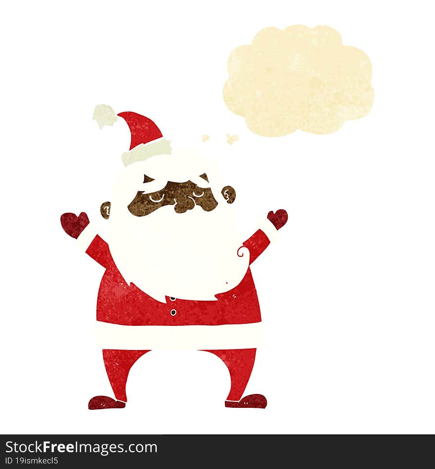 jolly santa cartoon with thought bubble