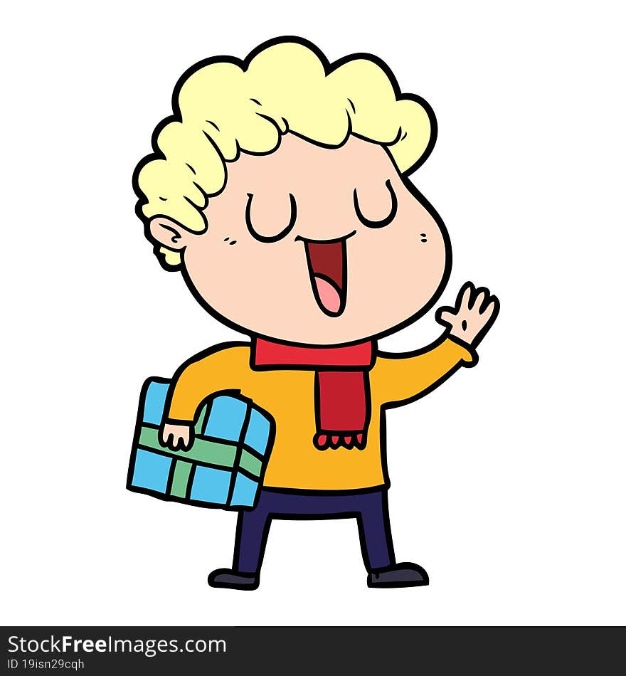 laughing cartoon man with present. laughing cartoon man with present