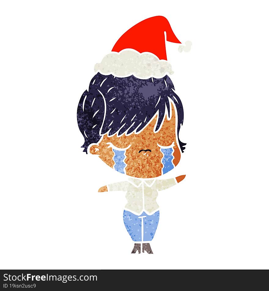 retro cartoon of a woman crying wearing santa hat