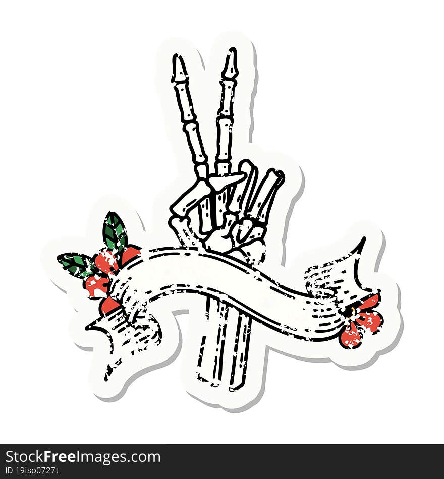 grunge sticker with banner of a skeleton hand giving a peace sign