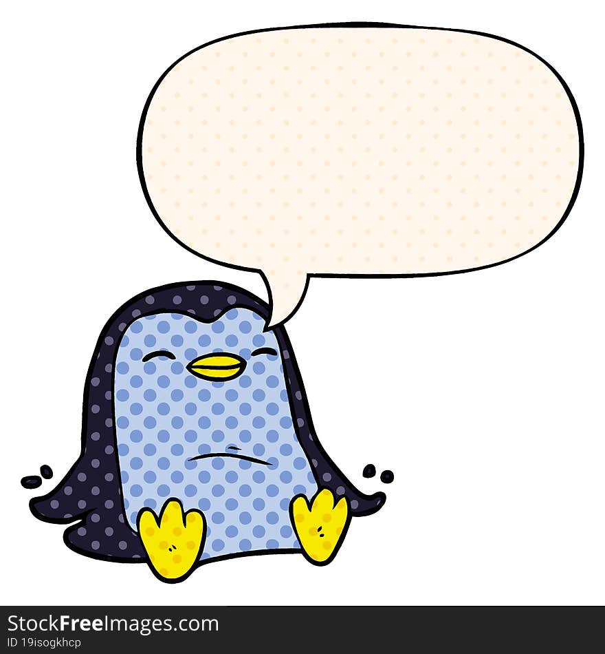 cartoon penguin and speech bubble in comic book style