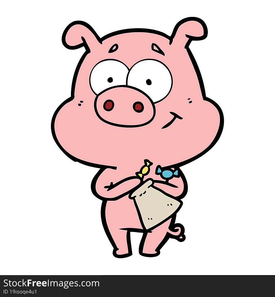 happy cartoon pig with candy. happy cartoon pig with candy