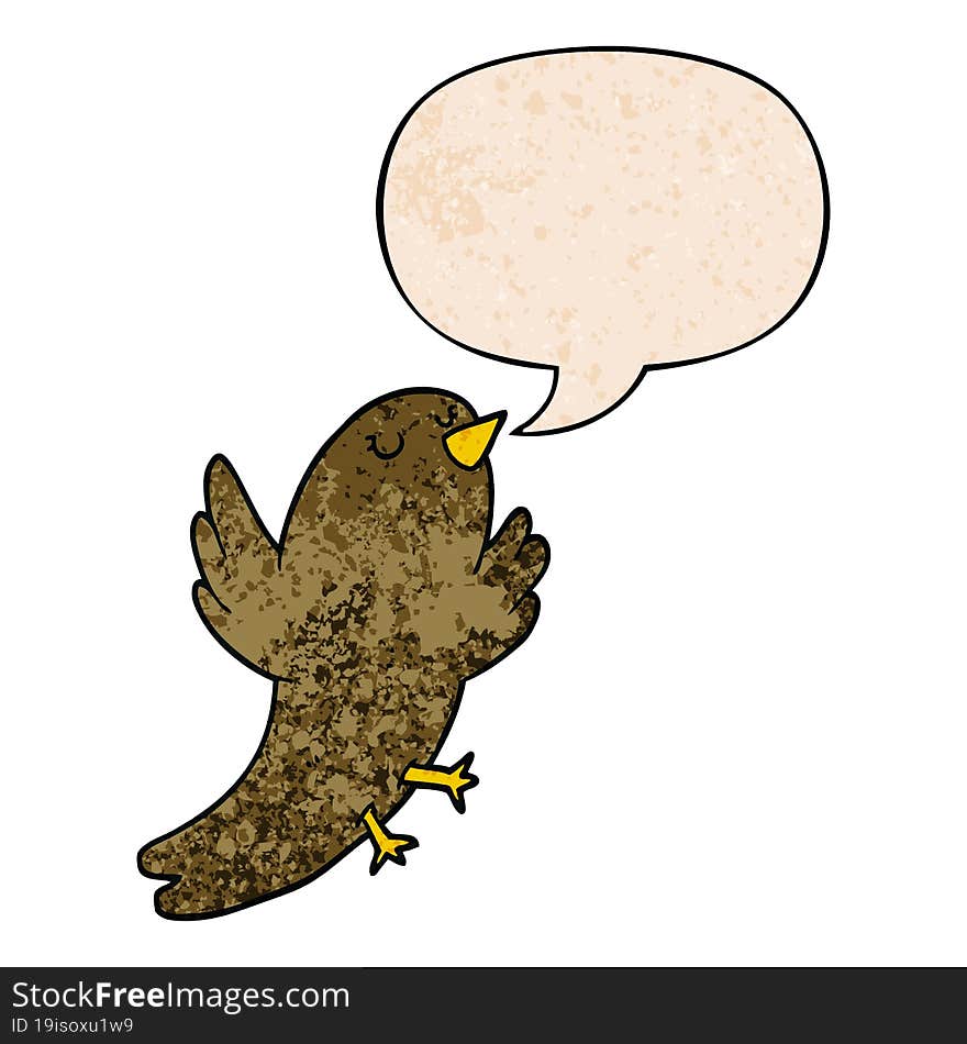 cartoon bird and speech bubble in retro texture style