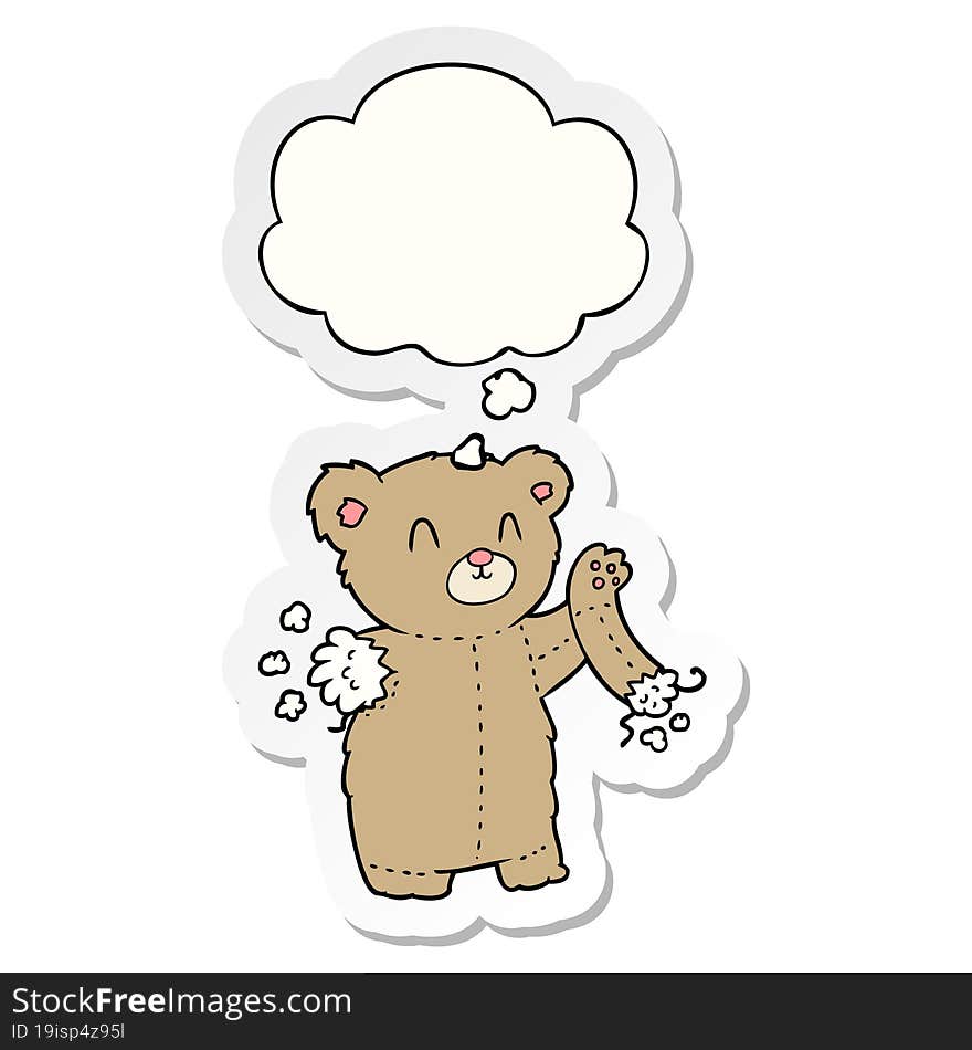 cartoon teddy bear with torn arm with thought bubble as a printed sticker