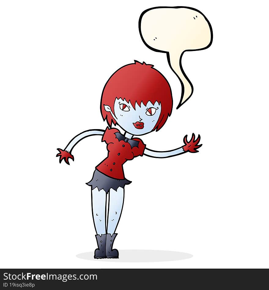 cartoon vampire girl welcoming with speech bubble