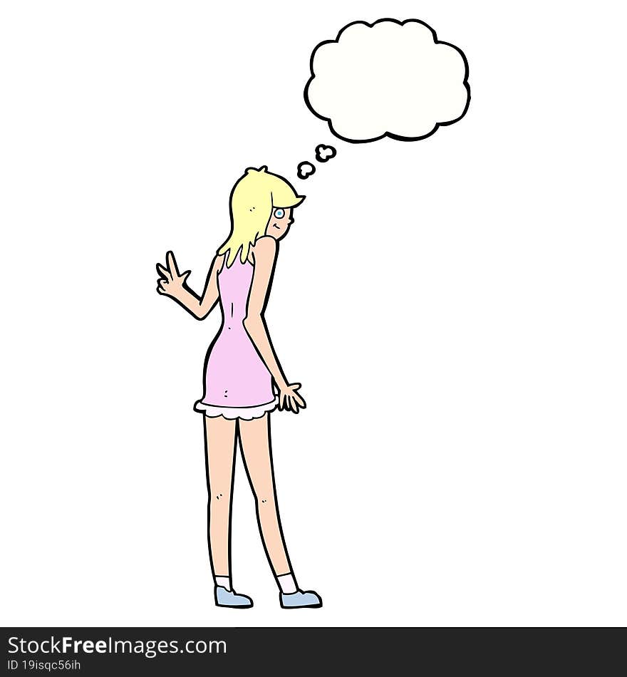 cartoon woman waving with thought bubble