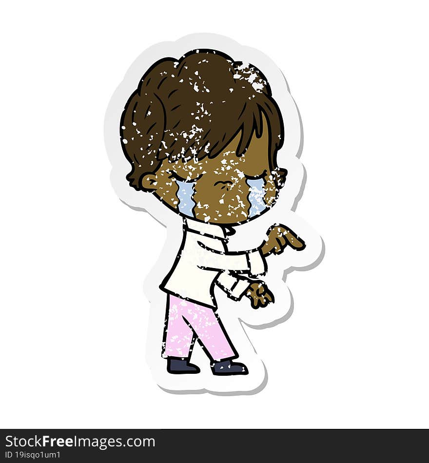 distressed sticker of a cartoon woman crying