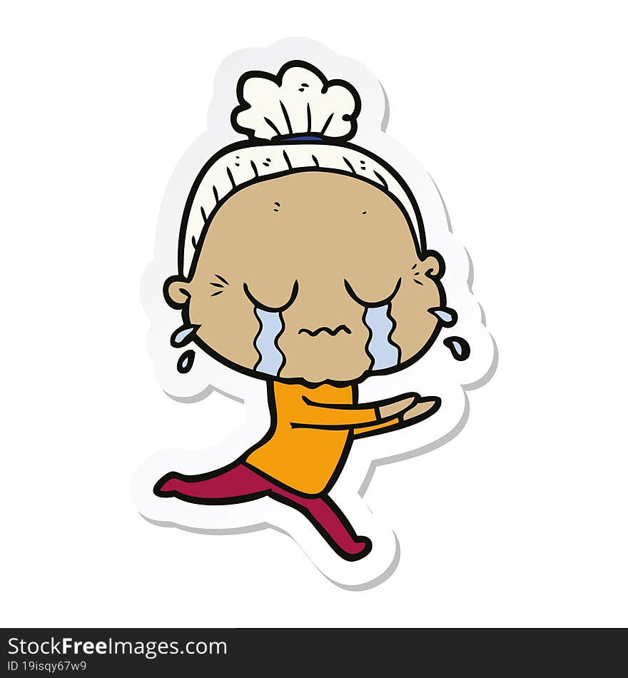 sticker of a cartoon crying old lady