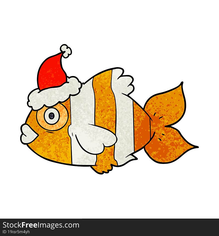 textured cartoon of a exotic fish wearing santa hat