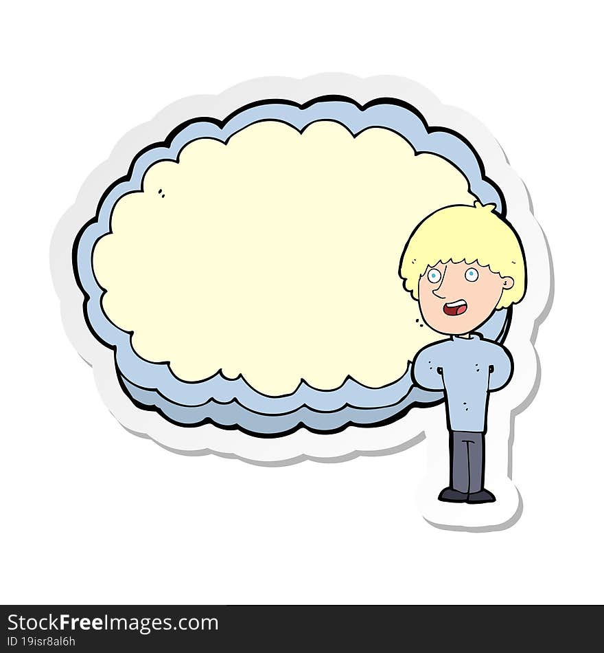 sticker of a cartoon happy man with cloud text space