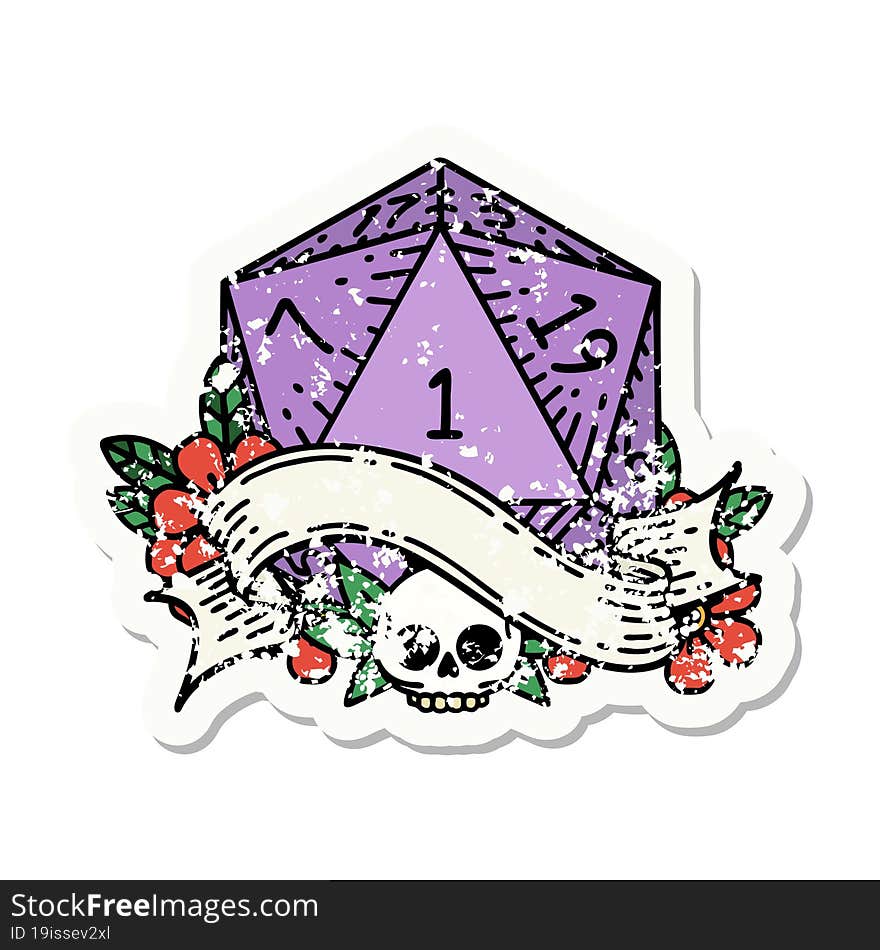 Natural One D20 Dice Roll Grunge Sticker