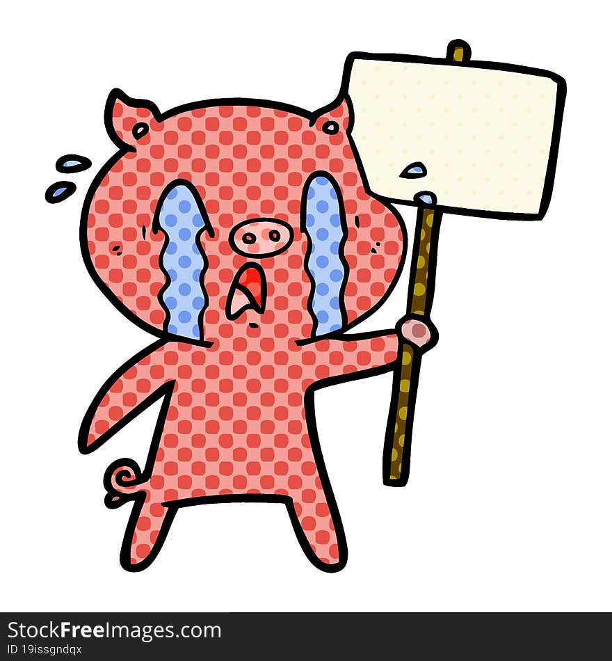 crying pig cartoon with protest sign. crying pig cartoon with protest sign