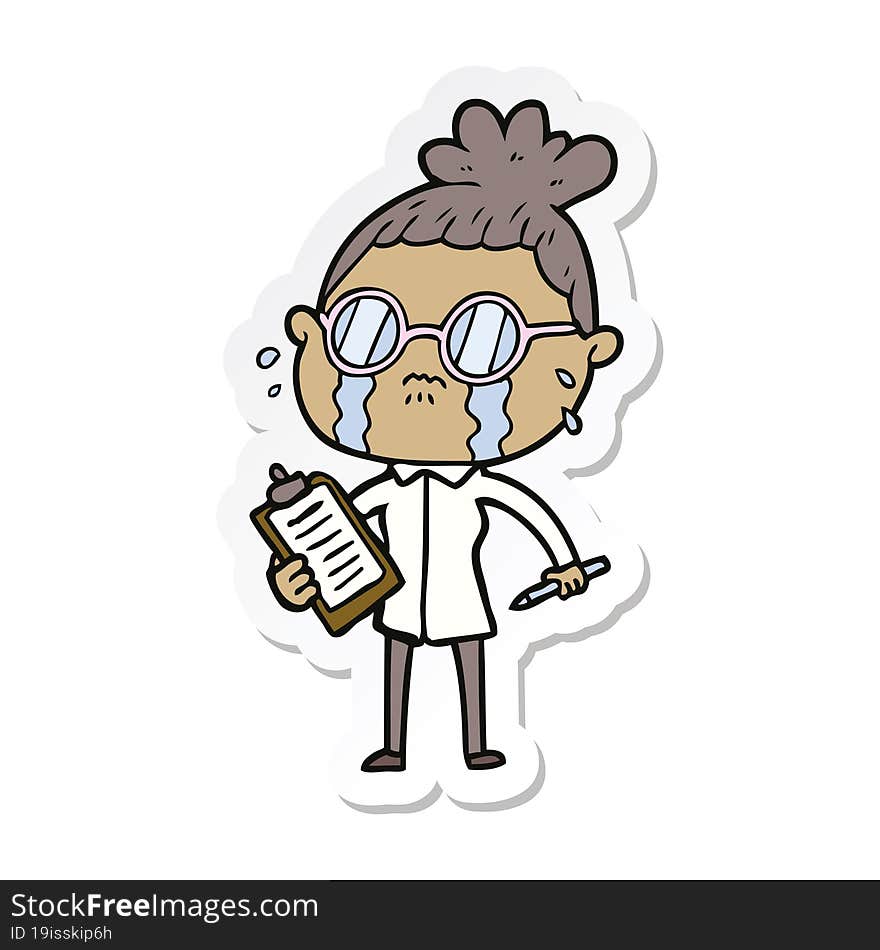 sticker of a cartoon crying woman wearing spectacles