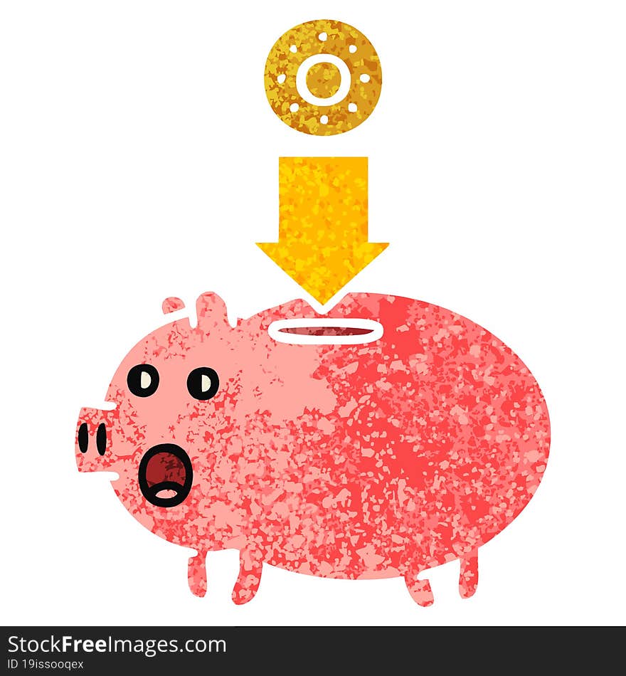 retro illustration style cartoon piggy bank