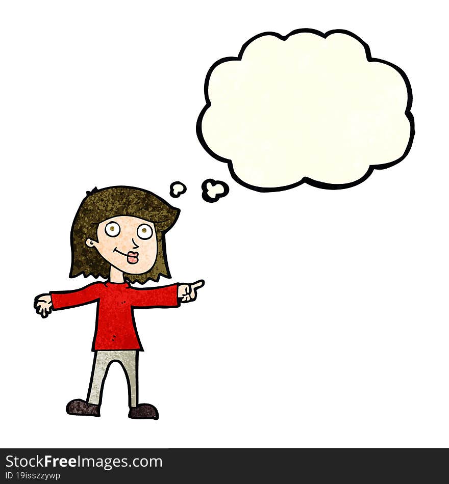 Cartoon Happy Woman Pointing With Thought Bubble