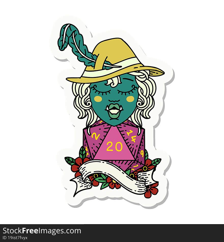 sticker of a singing half orc bard with natural twenty dice roll. sticker of a singing half orc bard with natural twenty dice roll