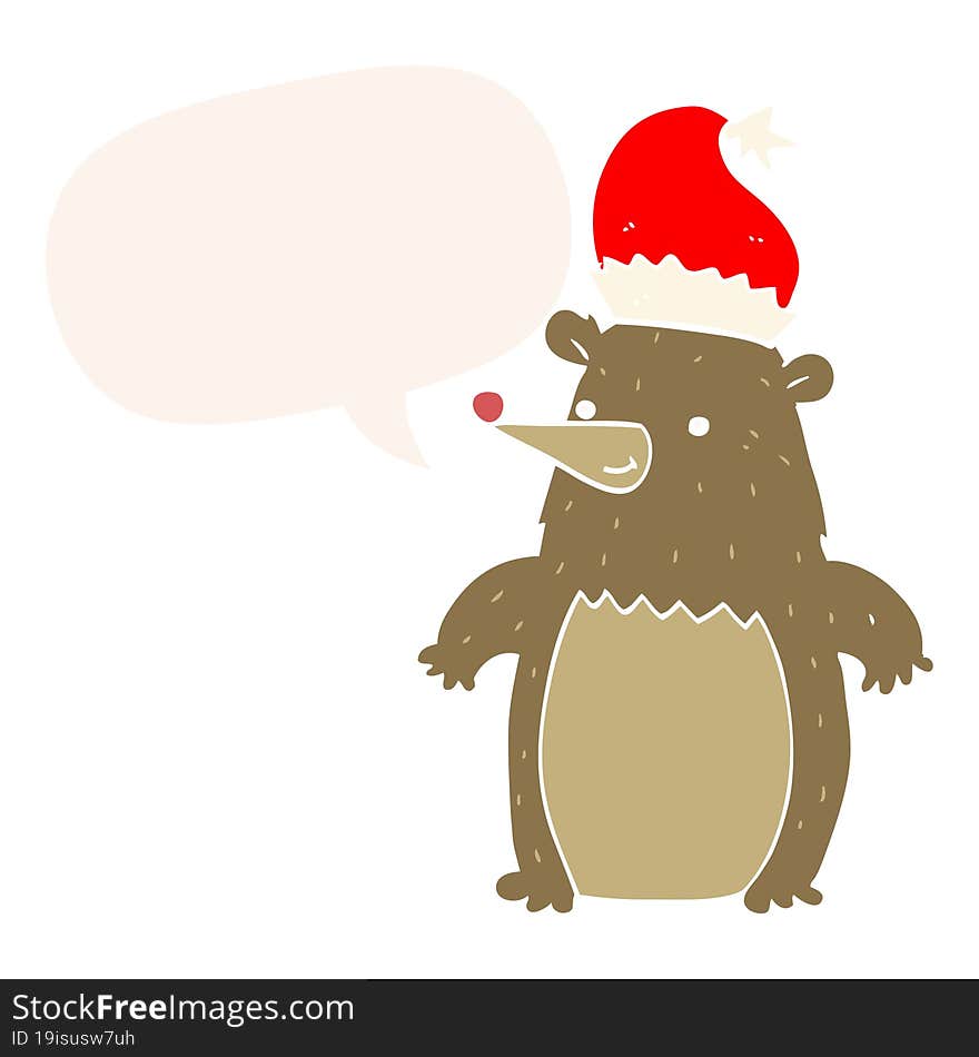 cartoon bear wearing christmas hat and speech bubble in retro style