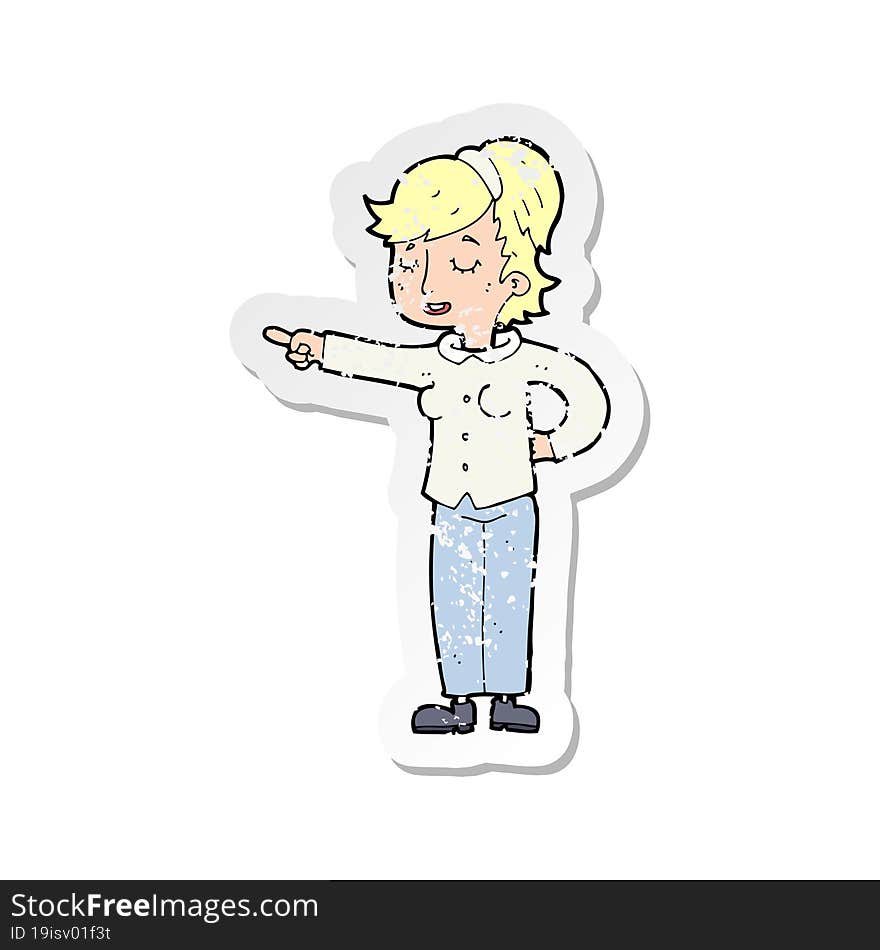 retro distressed sticker of a cartoon friendly woman pointing