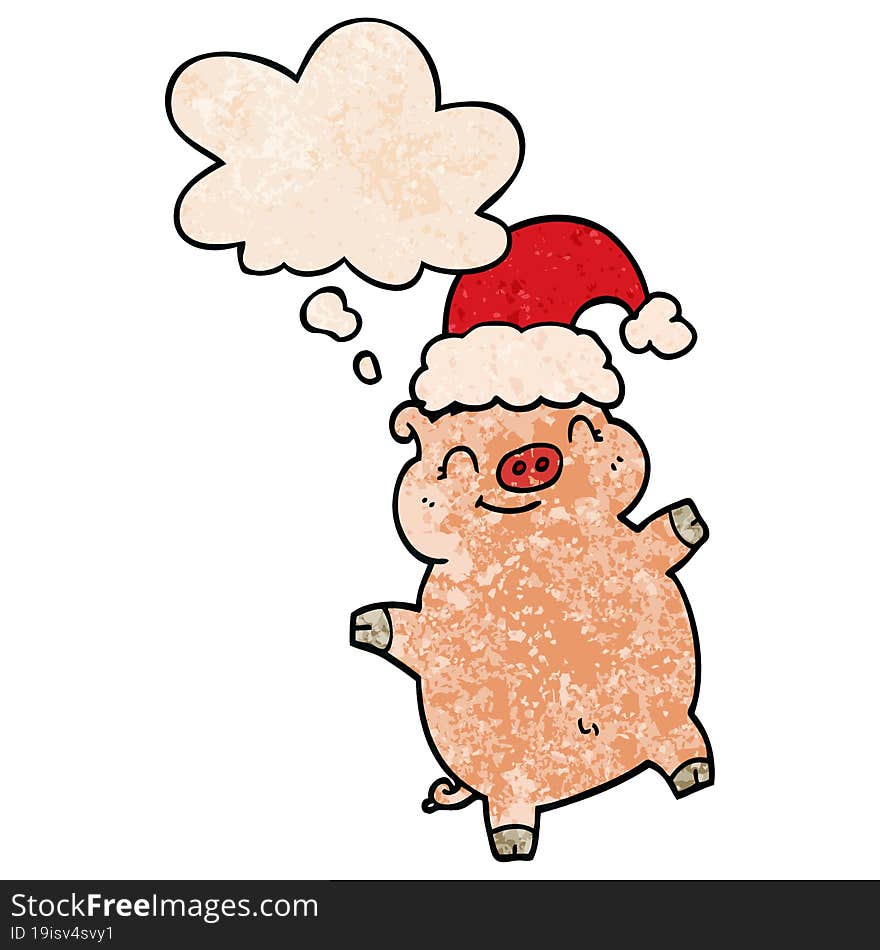 cartoon happy christmas pig with thought bubble in grunge texture style. cartoon happy christmas pig with thought bubble in grunge texture style