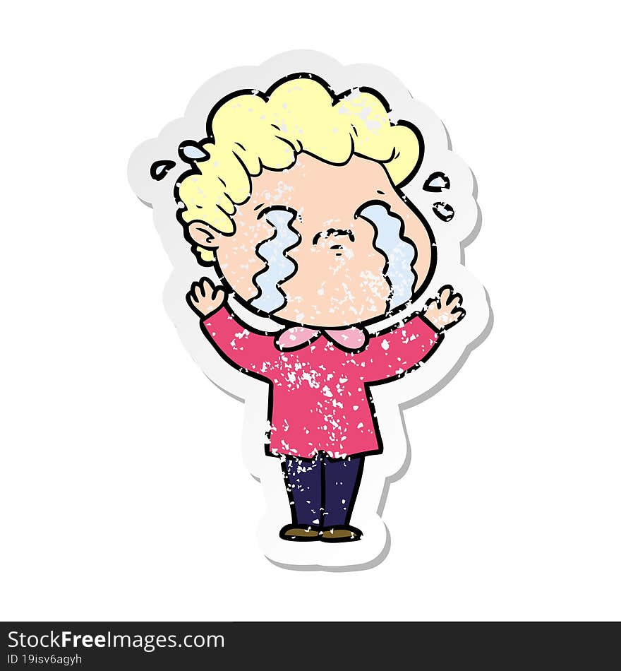 distressed sticker of a cartoon man crying