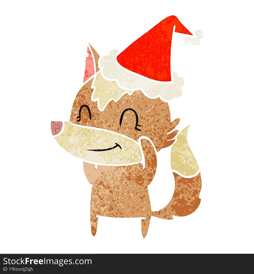 friendly retro cartoon of a wolf wearing santa hat