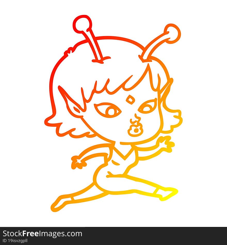 warm gradient line drawing pretty cartoon alien girl running