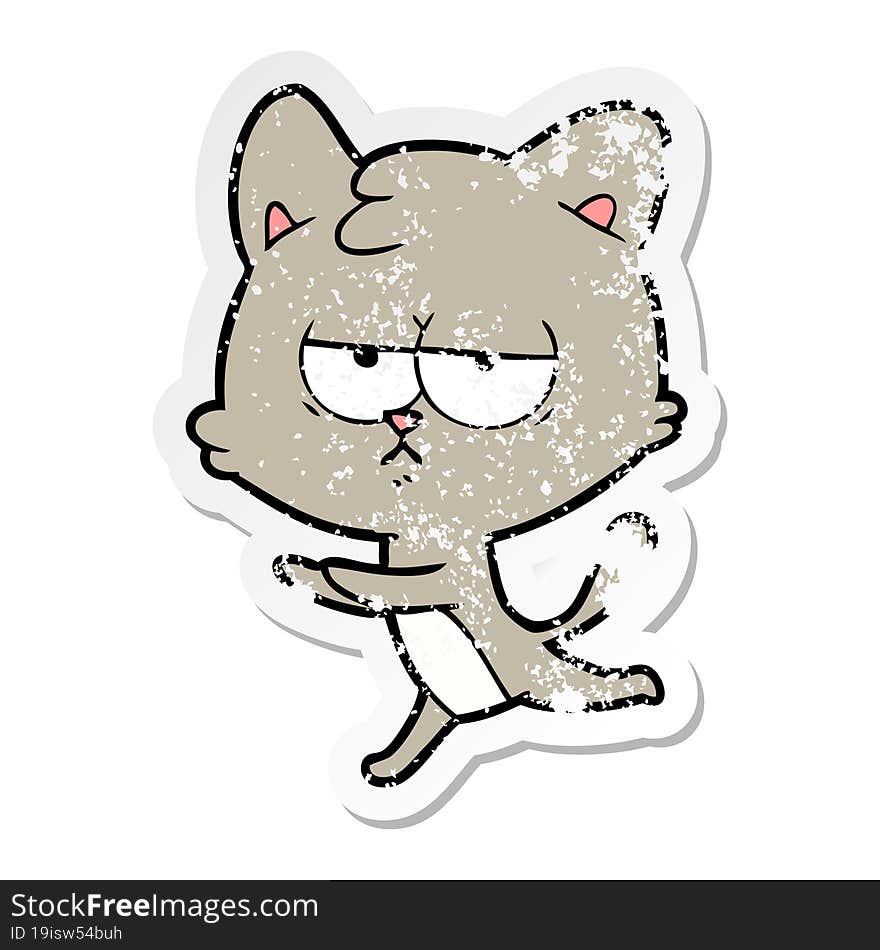 distressed sticker of a bored cartoon cat