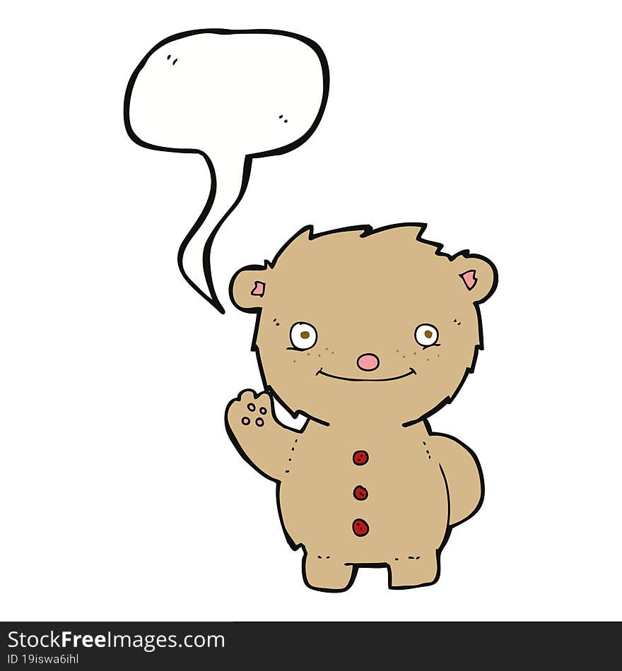 cartoon waving teddy bear with speech bubble