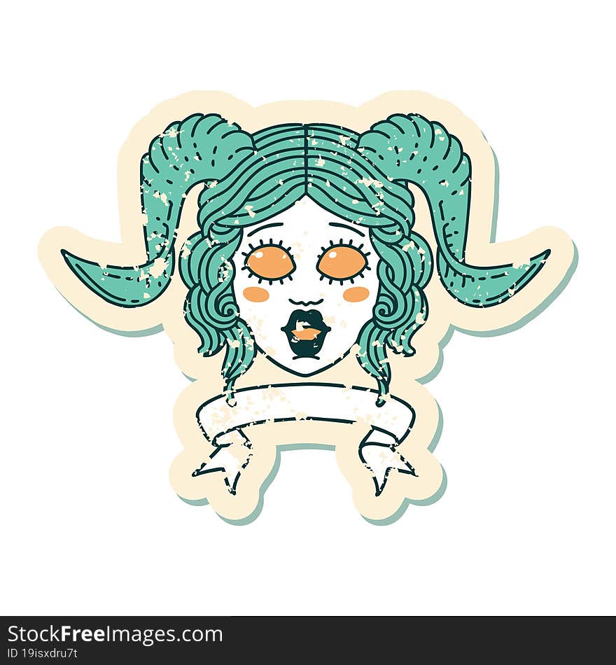 Retro Tattoo Style tiefling character face with scroll banner. Retro Tattoo Style tiefling character face with scroll banner