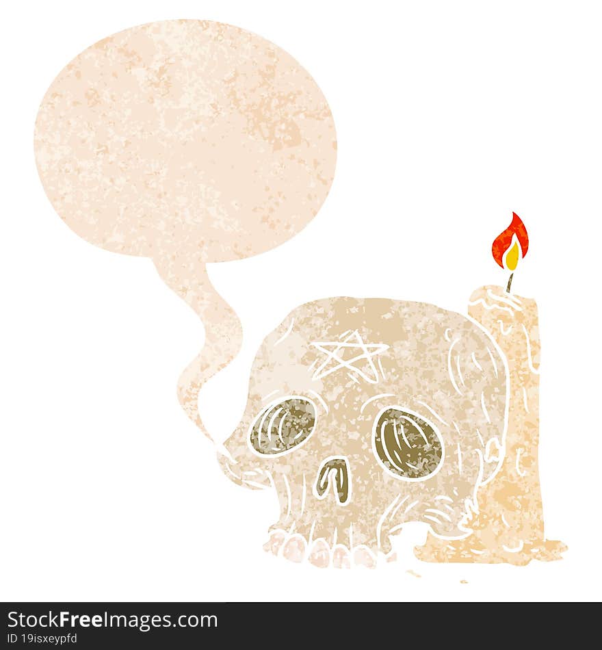 Cartoon Spooky Skull And Candle And Speech Bubble In Retro Textured Style