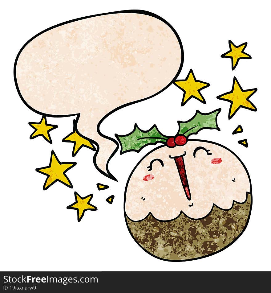 cute cartoon happy christmas pudding and speech bubble in retro texture style