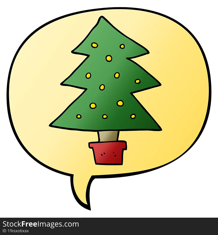 cartoon christmas tree and speech bubble in smooth gradient style