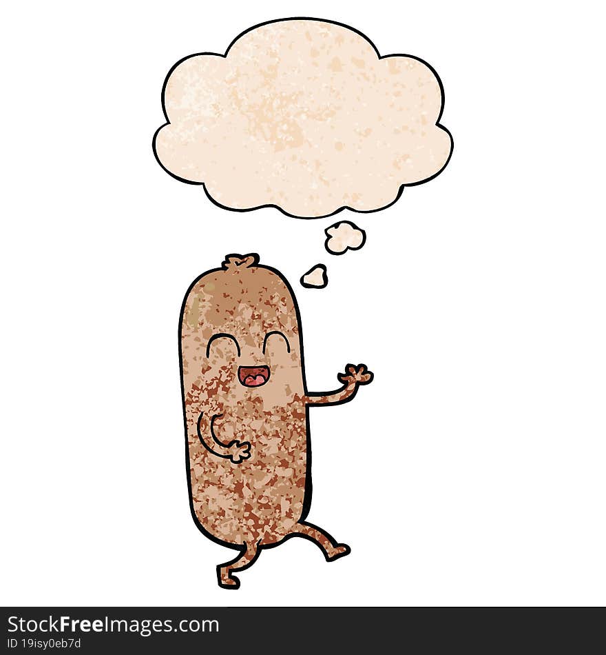 cartoon dancing sausage with thought bubble in grunge texture style. cartoon dancing sausage with thought bubble in grunge texture style