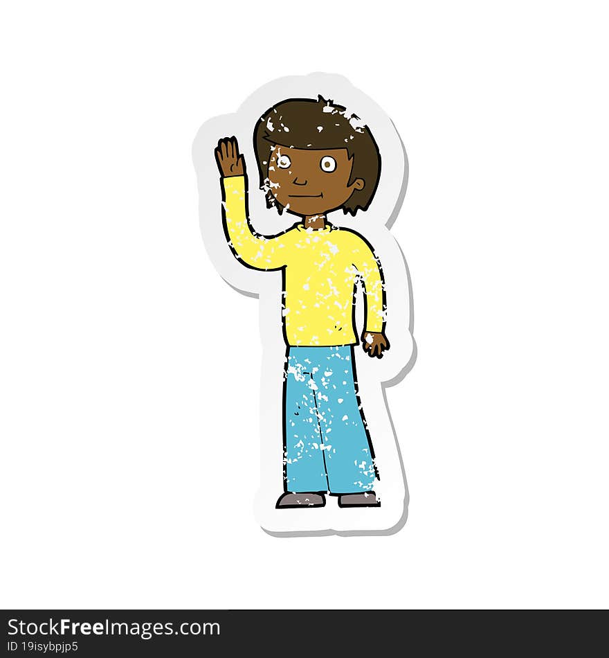 retro distressed sticker of a cartoon friendly boy waving