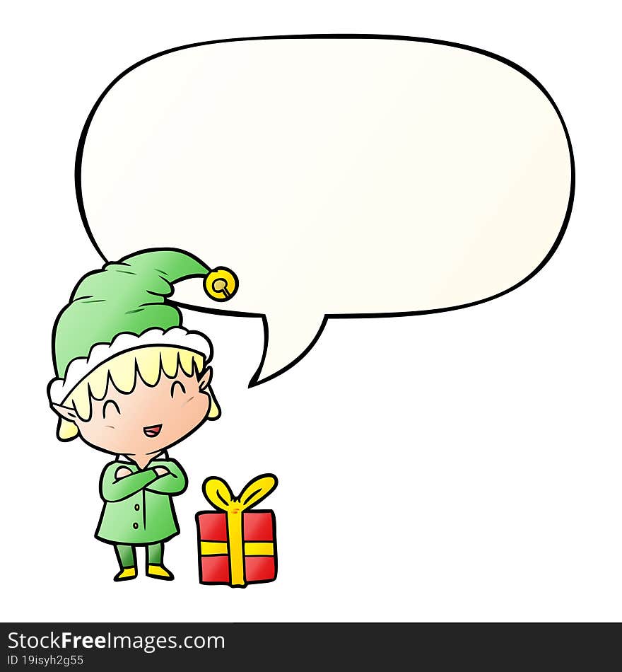 cartoon happy christmas elf and speech bubble in smooth gradient style