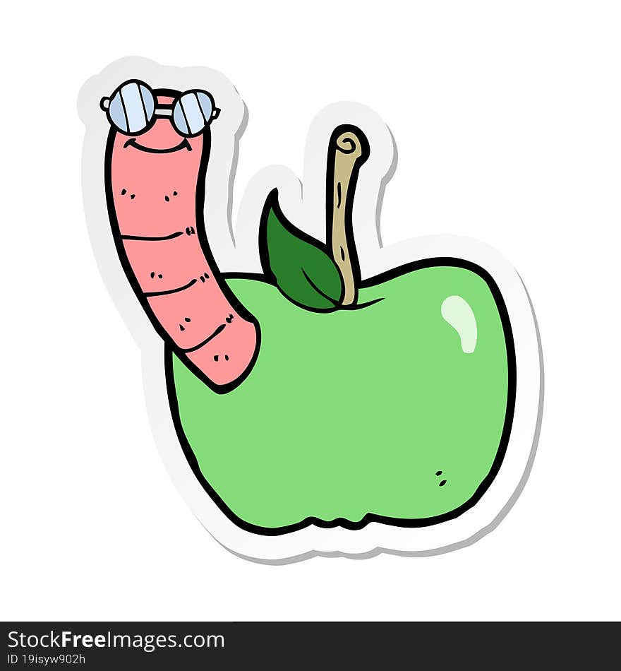 sticker of a cartoon apple with worm