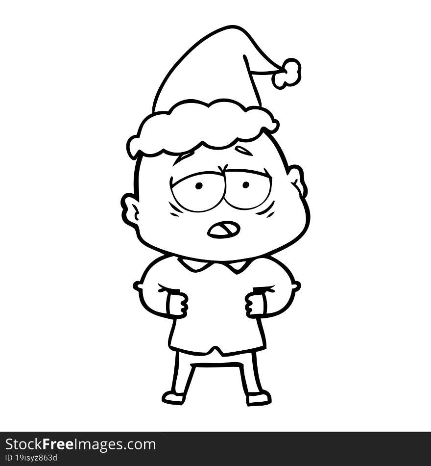 line drawing of a tired bald man wearing santa hat