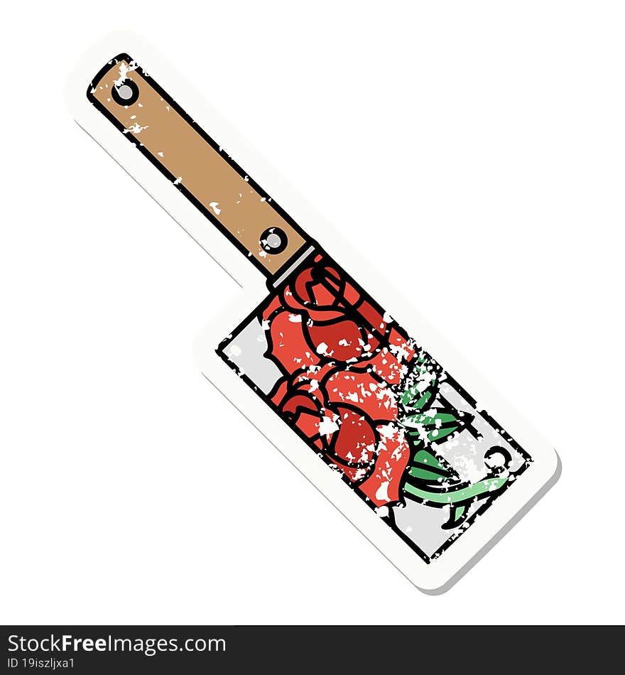 Traditional Distressed Sticker Tattoo Of A Cleaver And Flowers