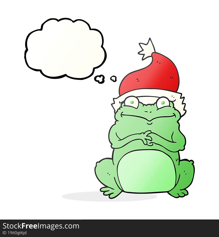 freehand drawn thought bubble cartoon frog wearing christmas hat