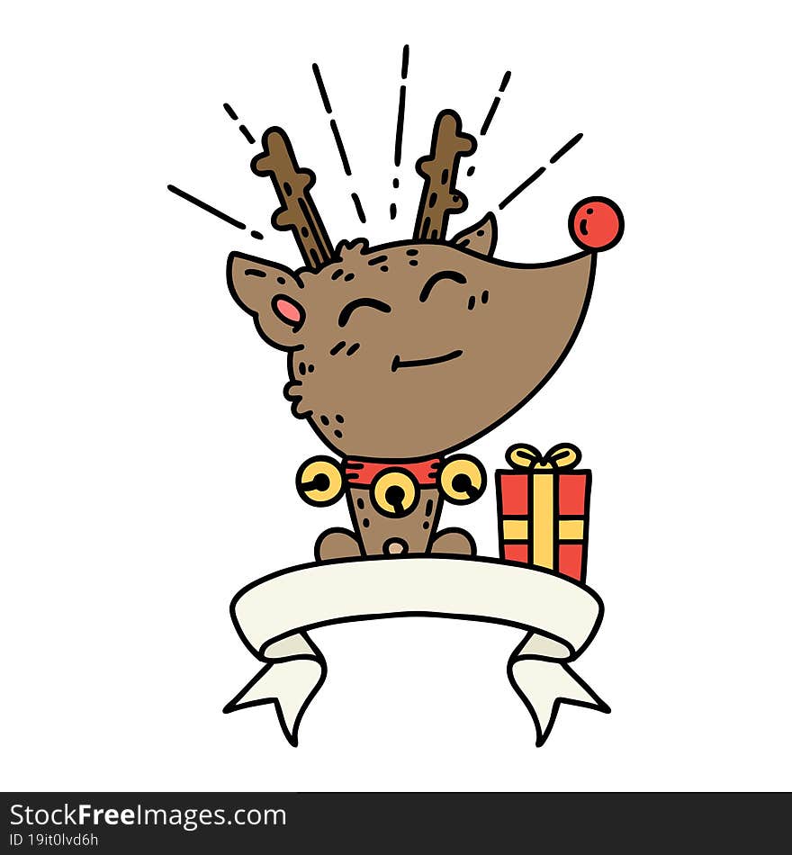 banner with tattoo style christmas reindeer with present